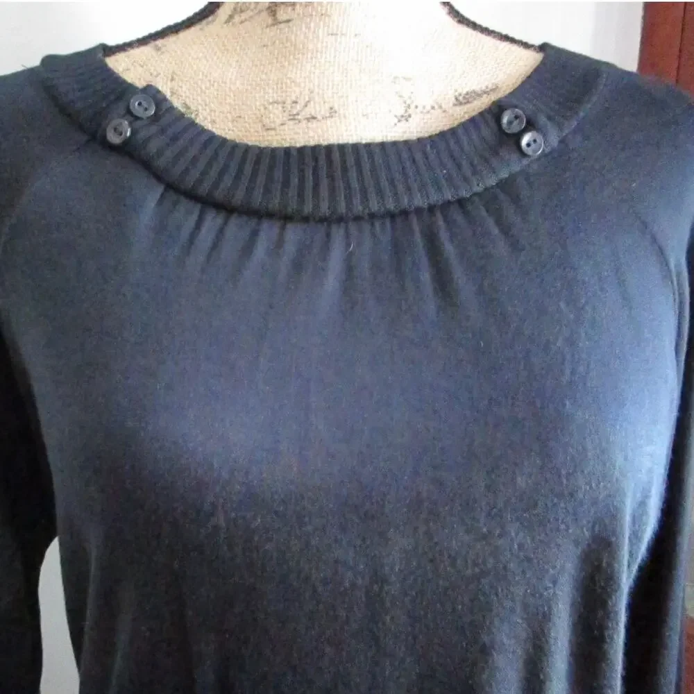 70s Vintage Black Boatneck Sweater Size M Buttons Long Sleeve Minimalist Goth